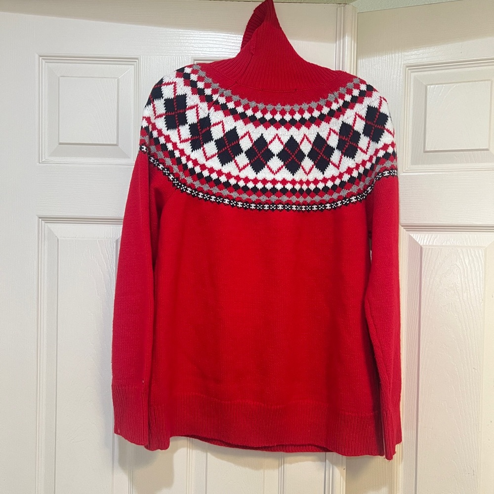 Tommy Hilfiger Women XL Argyle Turtleneck Sweater Red Christmas holiday winter